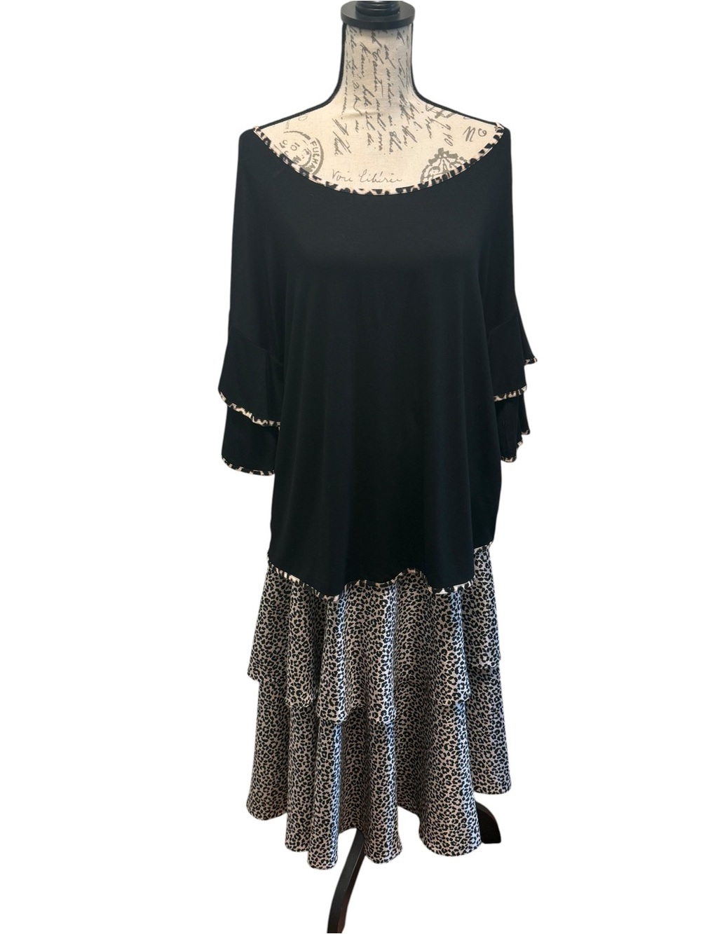 Cable & Gauge Black and Cream Leopard Print Tiered Maxi Skirt
